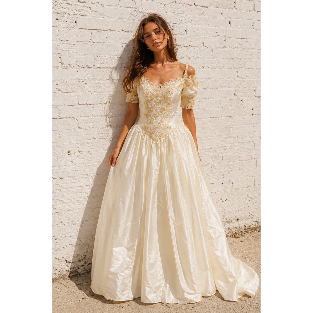 Vintage Jessica McClintock 80s Princess Wedding Dress Bow Back Cathedral Train S